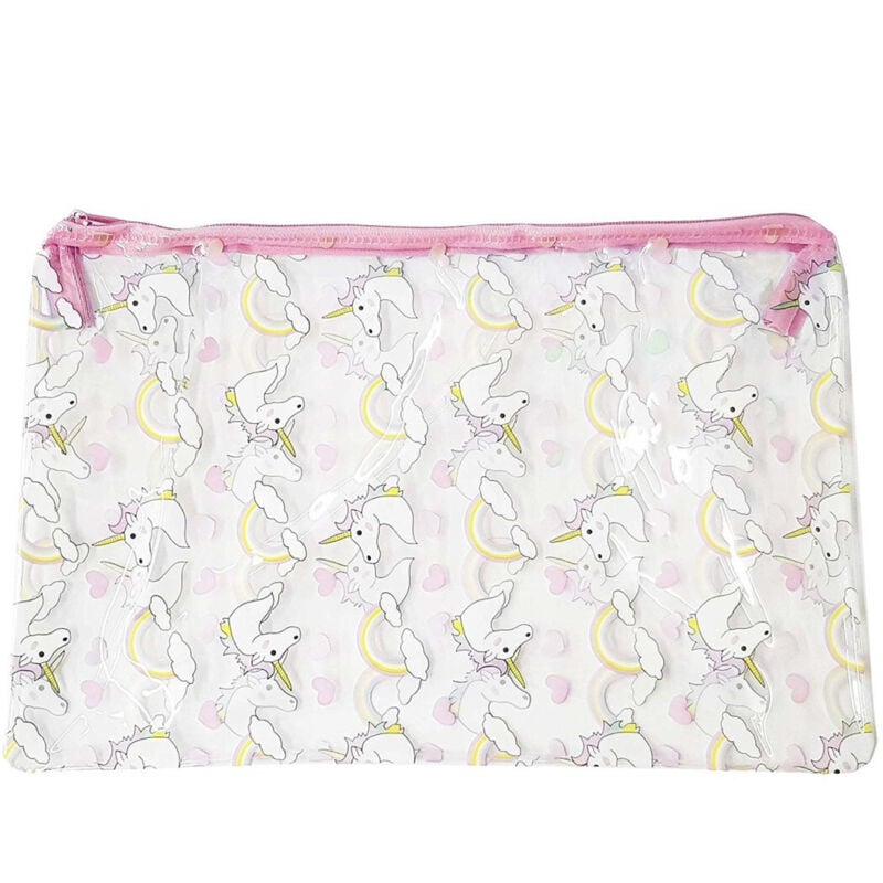 foto del prodotto trade shop traesio pochette trasparente rosa fantasia unicorno trucco plastica beauty case donna 