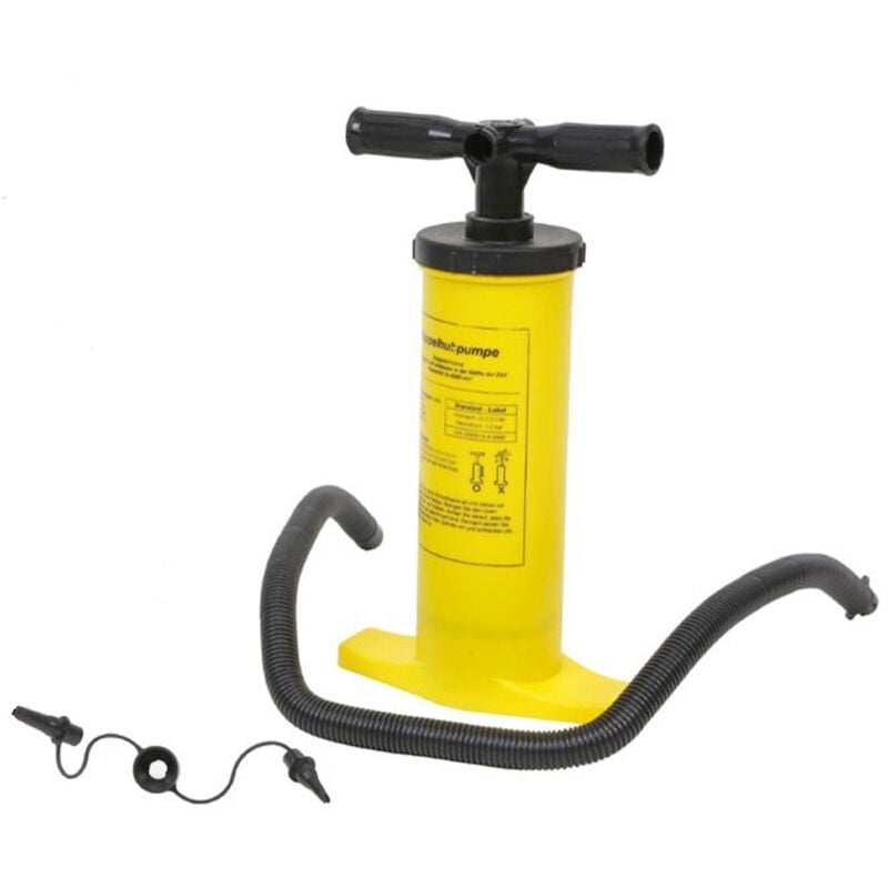 foto del prodotto trade shop traesio pompa a mano 38 40cm gonfiatore manuale giallo con tubo flessibile 2 adattatori 016971 