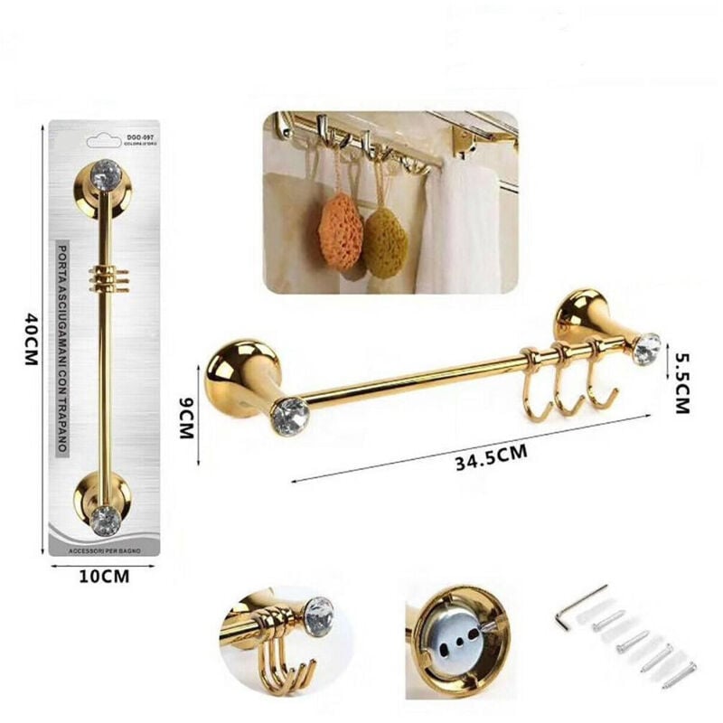 foto del prodotto trade shop traesio - porta asciugamani 3 ganci supporto arredo bagno casa cucina dorato oro dgo-097 -