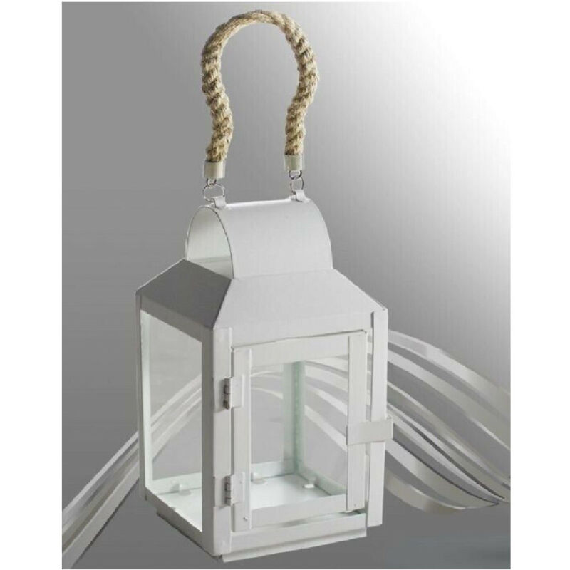 foto del prodotto trade shop traesio porta candela lumino lanterna in vetro metallo bianco con manico in corda 42263 