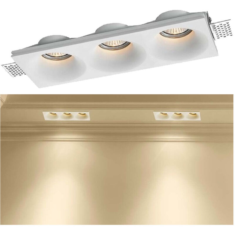 foto del prodotto trade shop traesio - porta faretto in gesso a scomparsa 3 led fori da incasso soffitto verniciabile -