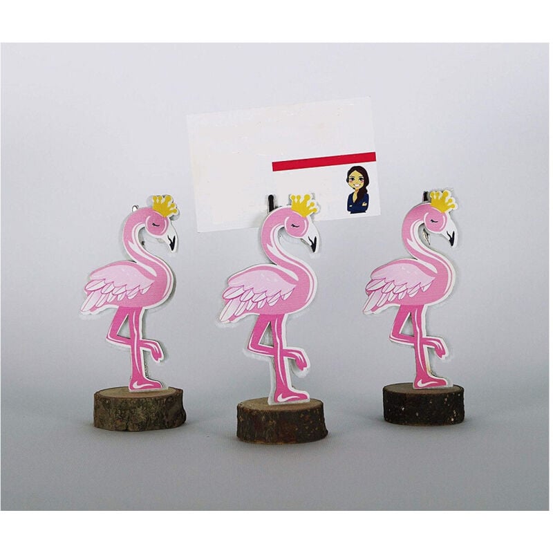 foto del prodotto trade shop traesio - portafoto fenicottero rosa 3pz base legno design segnaposto tavolo bomboniera festa -