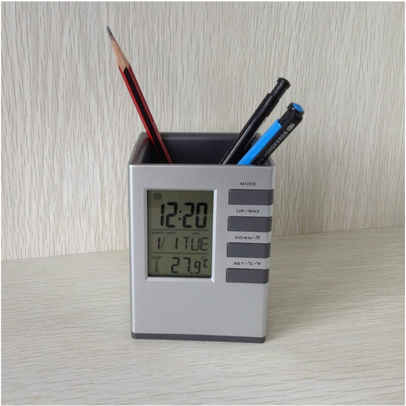foto del prodotto trade shop traesio portapenne da scrivania x ufficio casa con display digitale orologio illuminato 