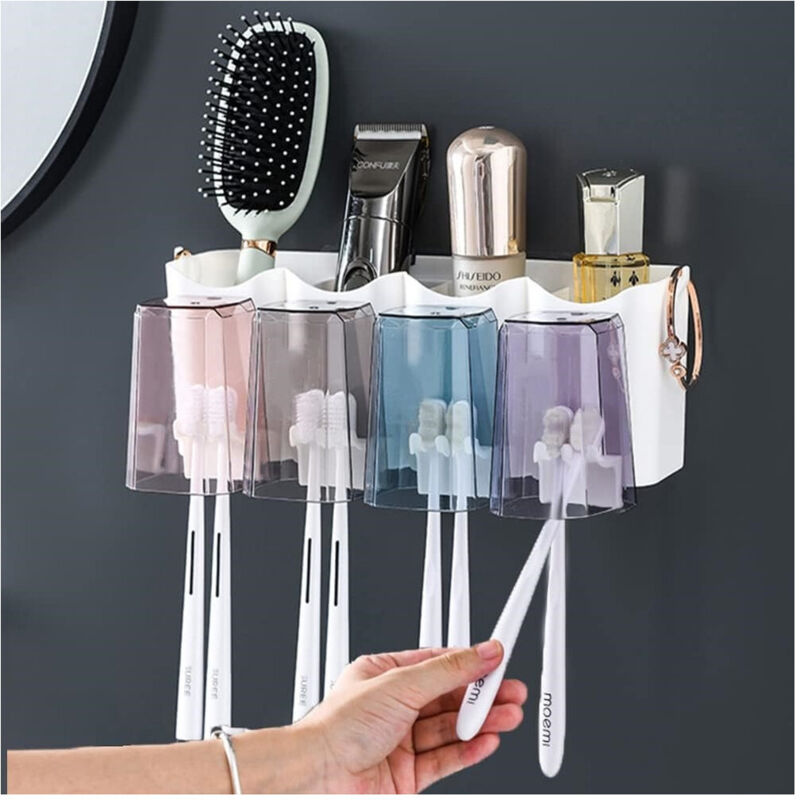 foto del prodotto trade shop traesio portaspazzolino adesivo multifunzione organizer per spazzolino denti con 4 tazze 4 slot 