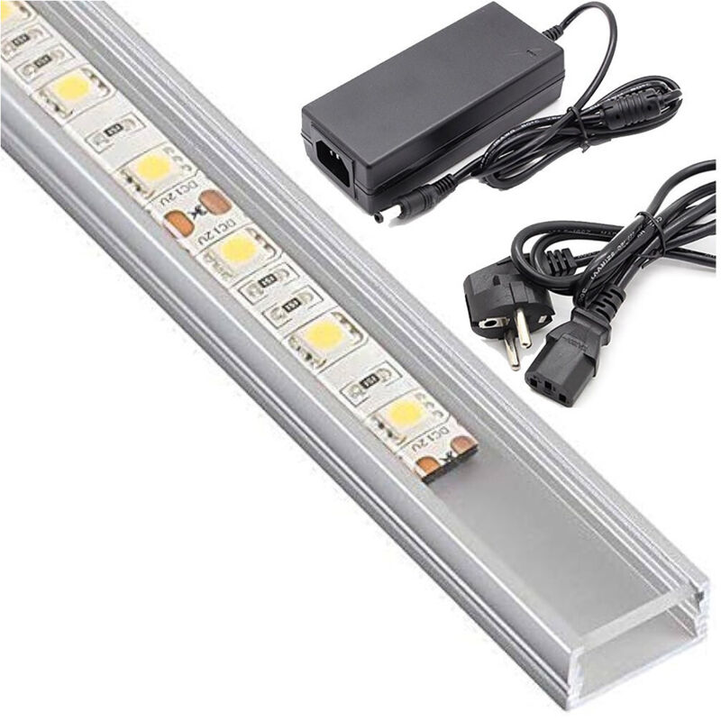 foto del prodotto trade shop traesio profilo barra alluminio impermeabile 1 metro a 72 led 18w alimentatore da 5 ah bianco caldo smd 5630 copertura opaca 