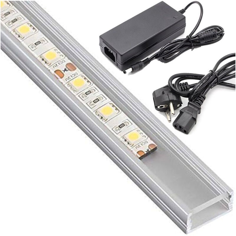 foto del prodotto trade shop traesio profilo barra alluminio impermeabile 1 metro a 72 led 18w alimentatore da 5 ah bianco caldo smd 7020 copertura trasparente