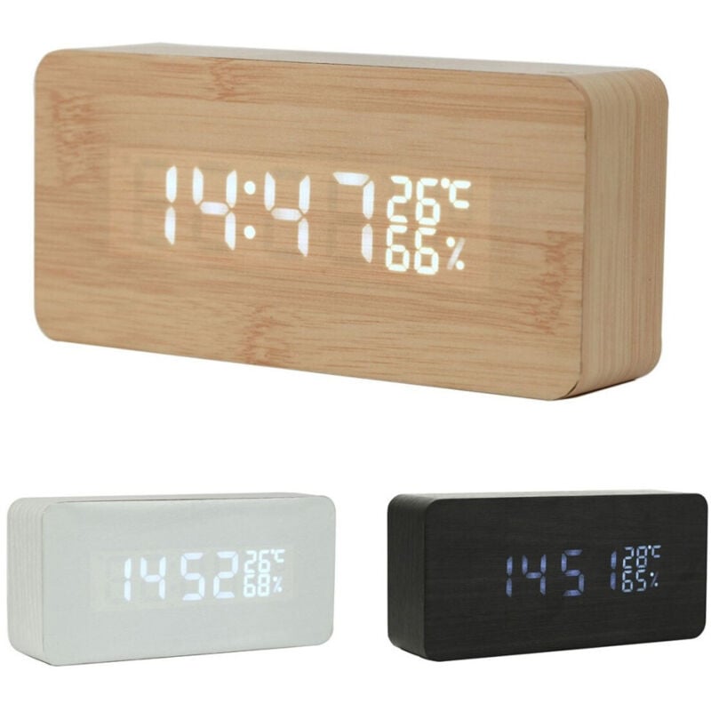 foto del prodotto trade shop traesio - rettangolare sveglia legno orologio display allarme digitale led temperatura usb -