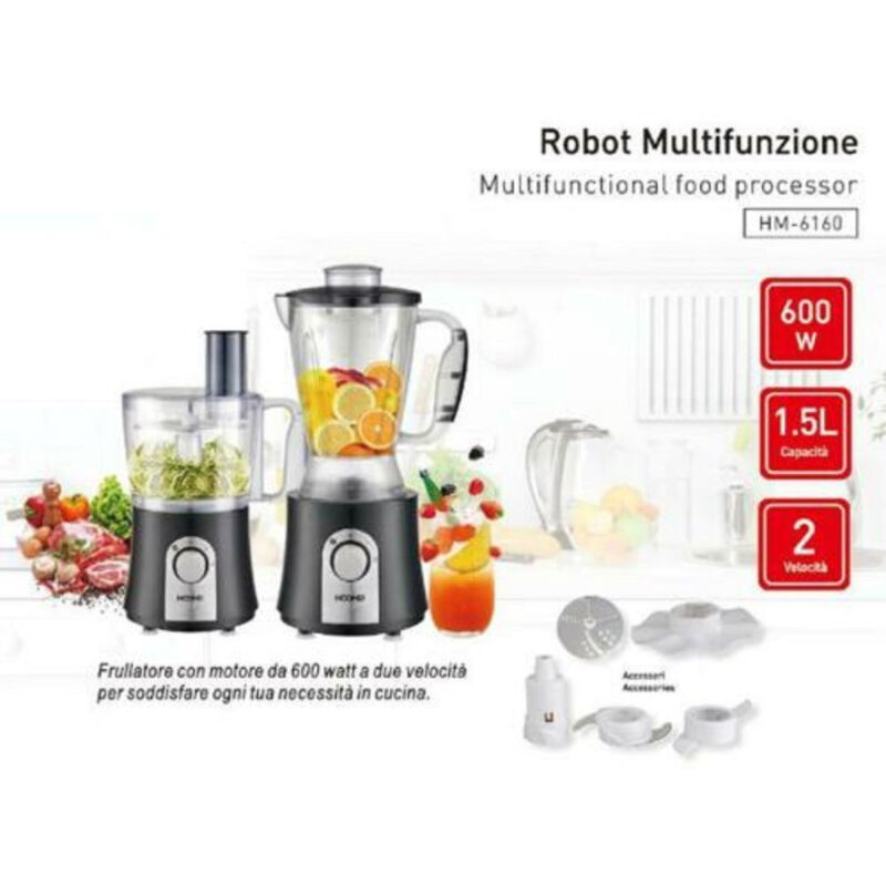 foto del prodotto trade shop traesio robot da cucina multifunzione 600 watt 1,5lt frullatore tritatutto hoomei hm 6160 