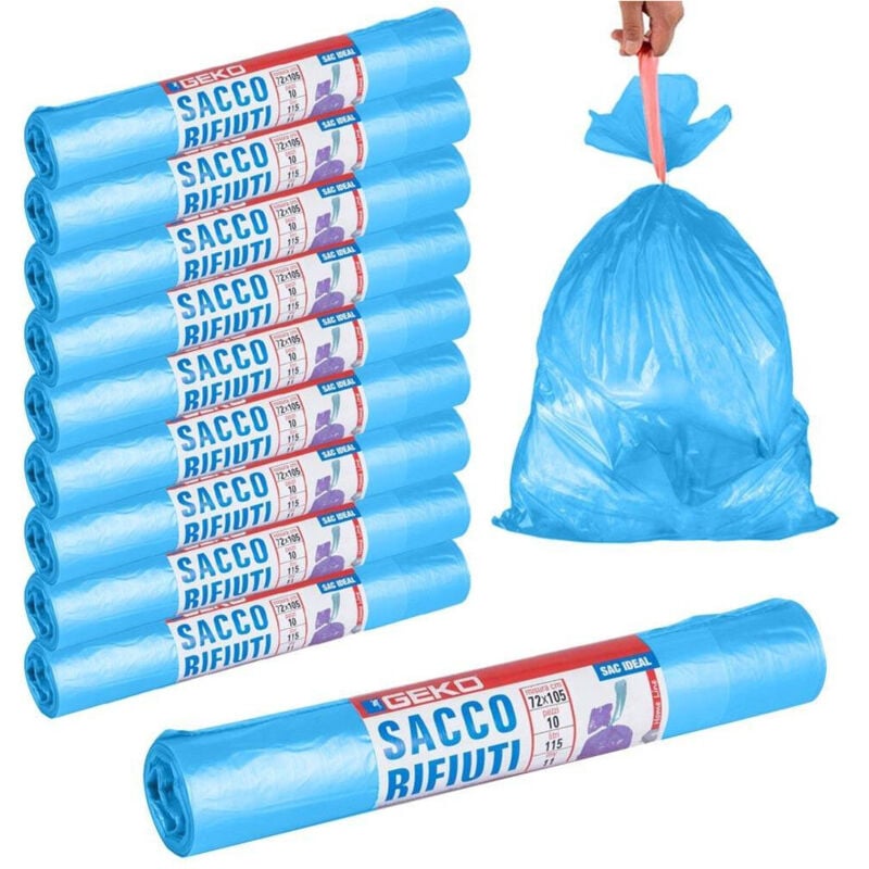 foto del prodotto trade shop traesio - rotoli sacchetti buste per spazzatura 115lt 72x105cm chiusura con laccetto blu -