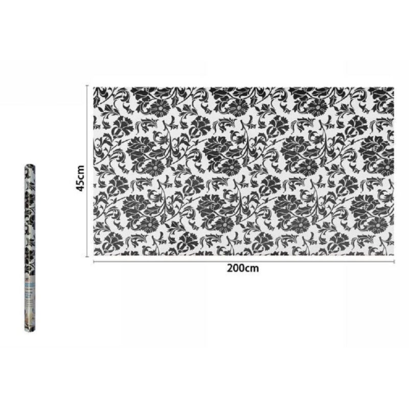 foto del prodotto trade shop traesio rotolo pellicola adesiva in pvc bianco fiori neri 45cmx2mt mobili cassetti 71227 