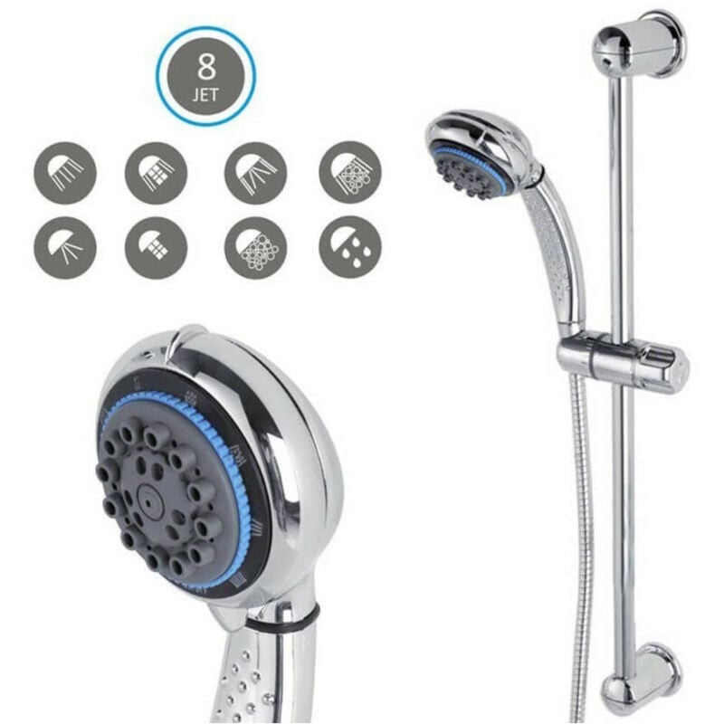 foto del prodotto trade shop traesio saliscendi con soffione doccia 8 funzioni getti asta 60 cm cromato bagno vasca 