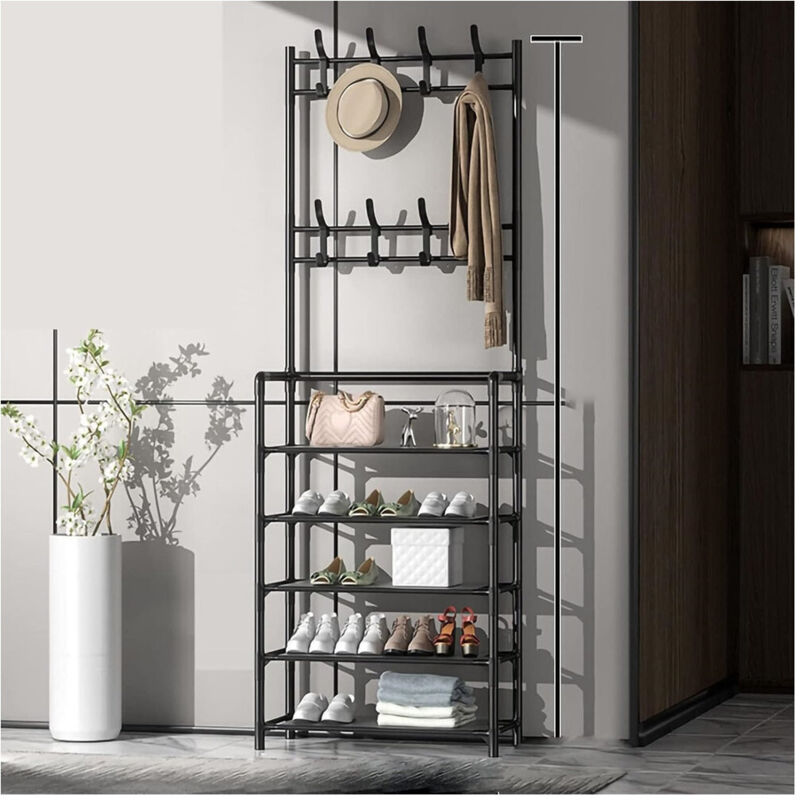 foto del prodotto trade shop traesio - scarpiera cappelliera da terra casa appendiabiti 3 in 1 panca scarpe con 8 ganci - nero