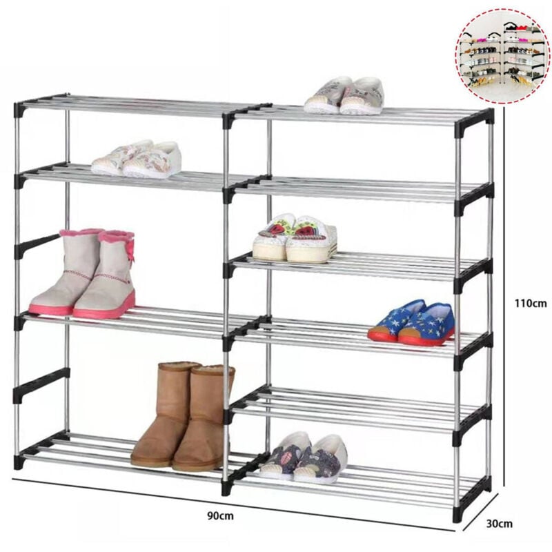 foto del prodotto trade shop traesio - scarpiera doppio scaffale multiuso 6 ripiani in metallo impilabile 110x30x90cm -