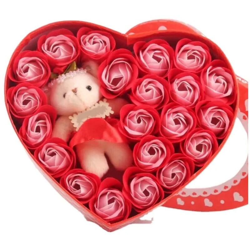 foto del prodotto trade shop traesio - scatola regalo a forma di cuore con orsetto e rose per san valentino anniversari -