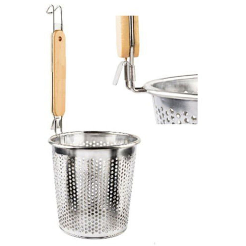 foto del prodotto trade shop traesio - scolaposate colino scolapasta scolafritto manico in legno con gancio appendino -