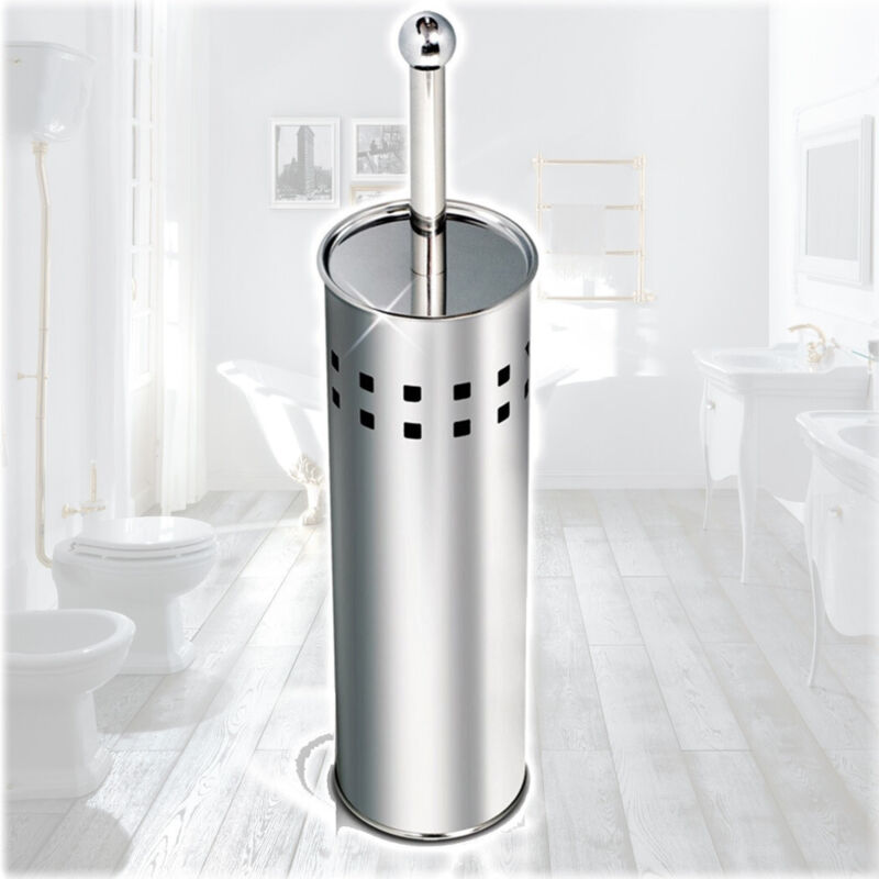 foto del prodotto trade shop traesio - scopino da bagno con setole in plastica bianca e portascopino in metallo -