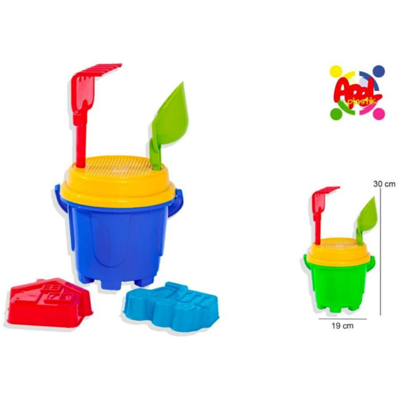 foto del prodotto trade shop traesio secchiello da mare con paletta rastrello formine gioco da spiaggia per bambini 