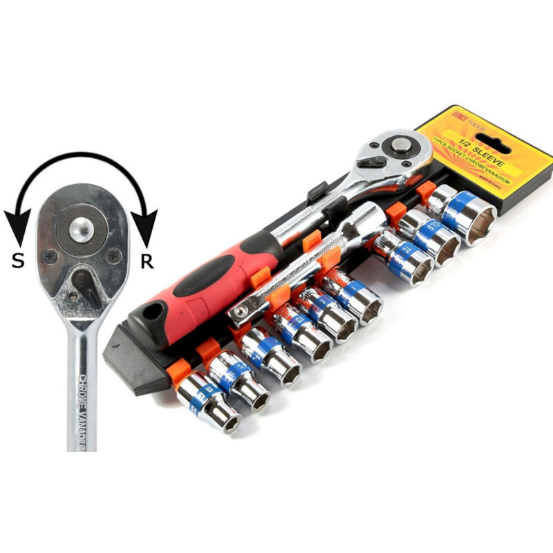 foto del prodotto trade shop traesio serie chiave a cricchetto reversibile 1 2 kit da 11pz con bussole esagonali 