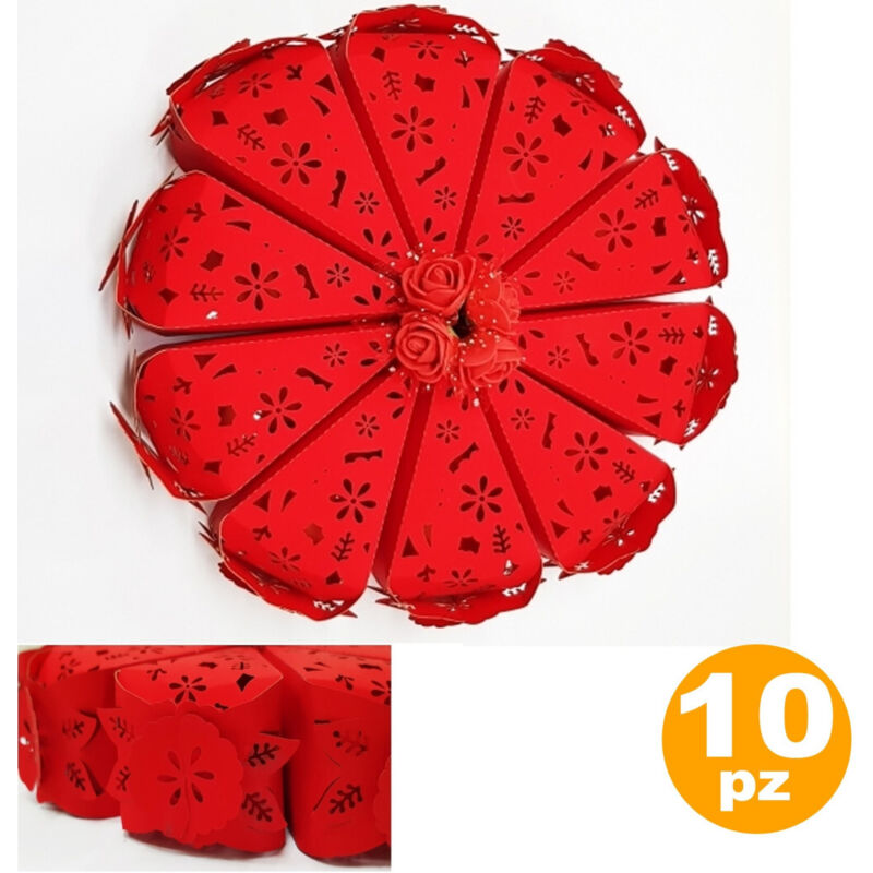 foto del prodotto trade shop traesio set 10 bomboniera bomboniere scatolina spicchi torta rosso fiore portaconfetti 