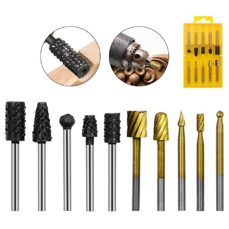 foto del prodotto trade shop traesio set 10 mini frese raspe in acciaio per lavorazione rifinitura legno codolo 3 mm 