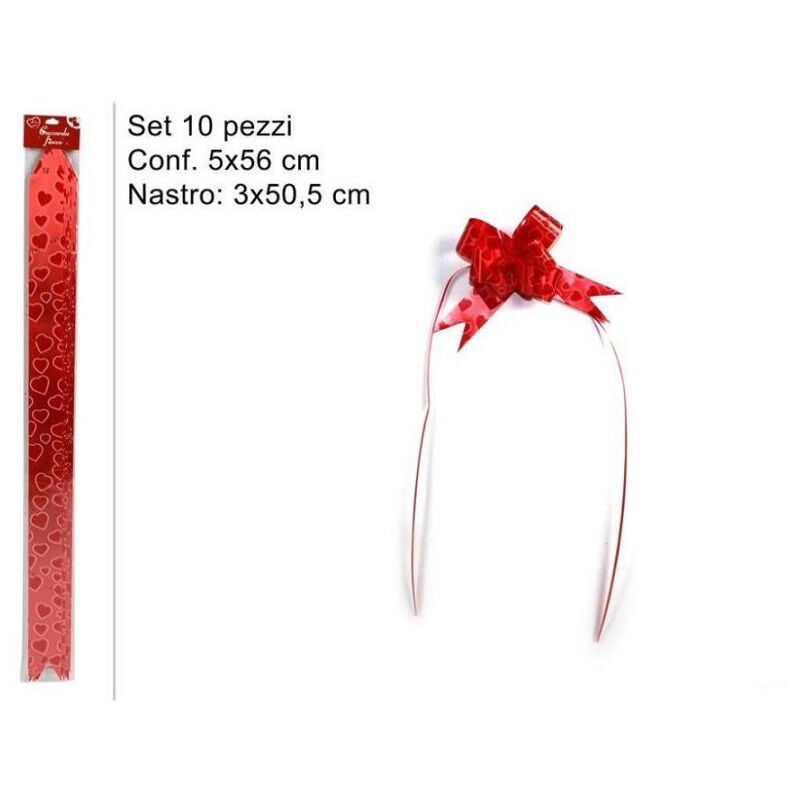 foto del prodotto trade shop traesio set 10 pezzi coccarda fiocco con cuori rossi nastro autotiranti 50,5 x 3 cm 