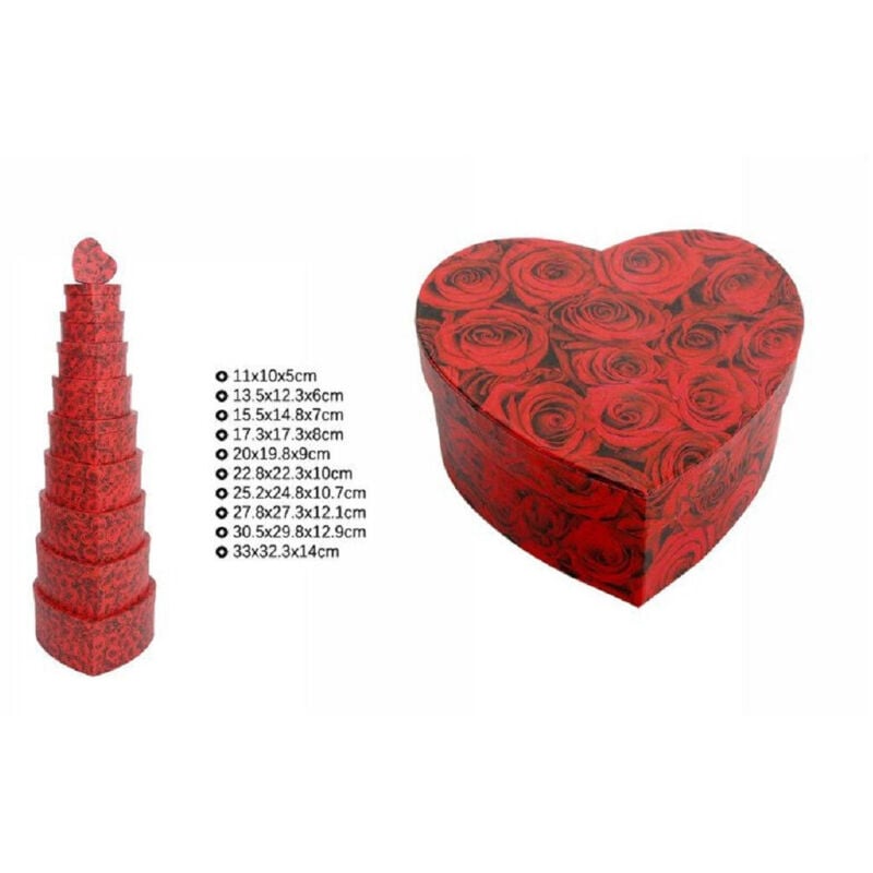 foto del prodotto trade shop traesio - set 10 pz scatole box regali varie misure matrioska forma cuore rose rosse 71967 -