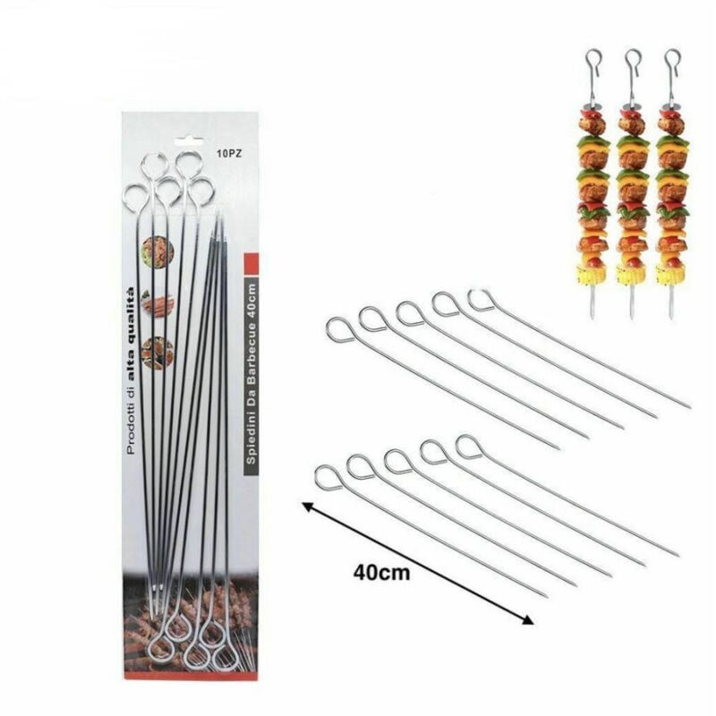 foto del prodotto trade shop traesio set 10 pz spiedini in acciaio per barbecue bbq piastra cucina lunghezza 40cm 
