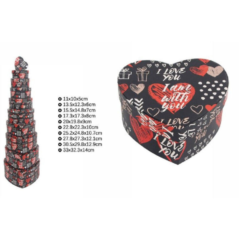 foto del prodotto trade shop traesio set 10pz scatole box regali varie misure matrioska forma cuore nera scritte 71970 