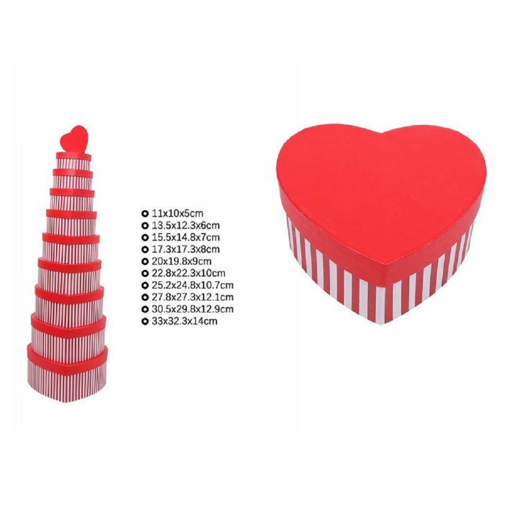 foto del prodotto trade shop traesio set 10pz scatole box regali varie misure matrioska forma cuore rosso righe 71955 