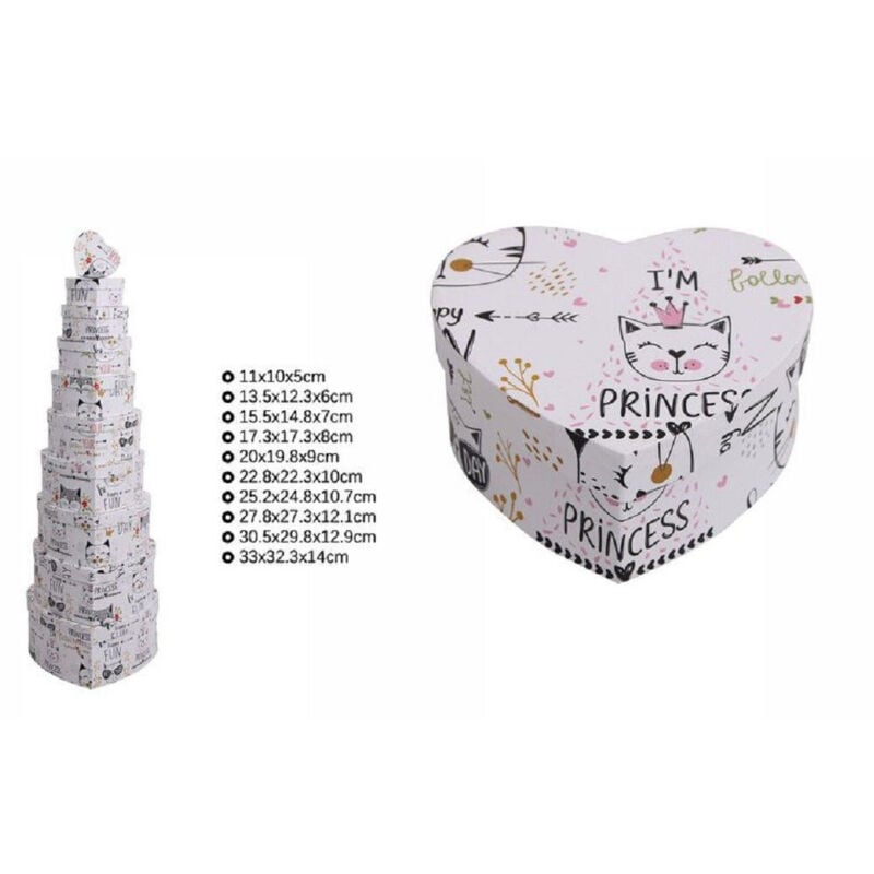 foto del prodotto trade shop traesio - set 10pz scatole regali varie misure matrioska forma cuore fantasia bianca 71968 -