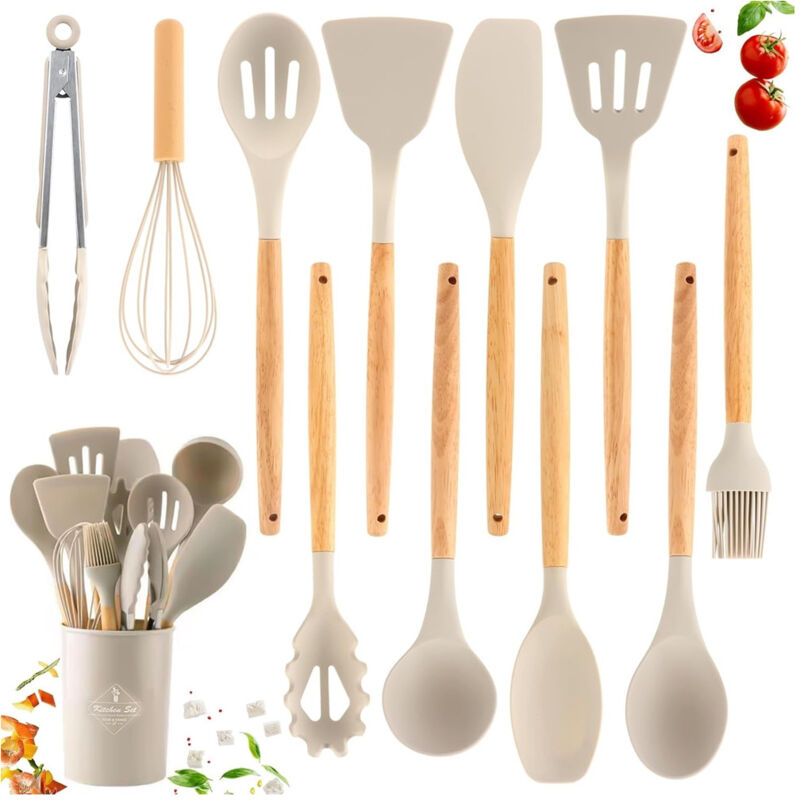 foto del prodotto trade shop traesio set 12 attrezzi cucina in silicone antiaderente con porta utensili manico in legno 