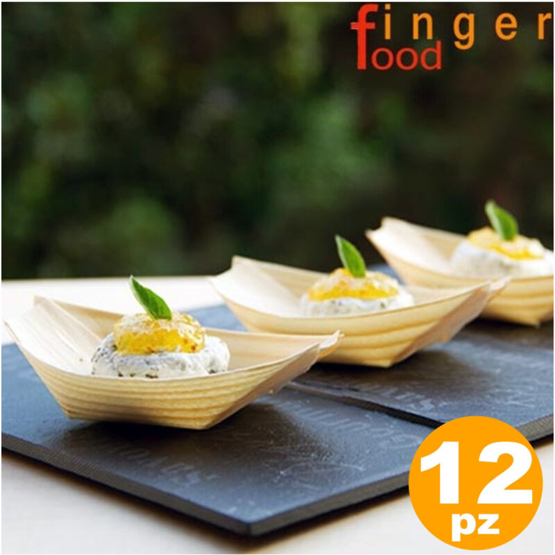 foto del prodotto trade shop traesio set 12 barchette finger food in fibra di pioppo catering aperitivo 12,5 x 7 cm 