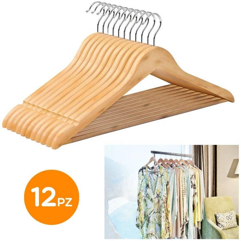 foto del prodotto trade shop traesio - set 12 grucce appendiabiti stampelle in legno porta abiti armadio casa negozio -