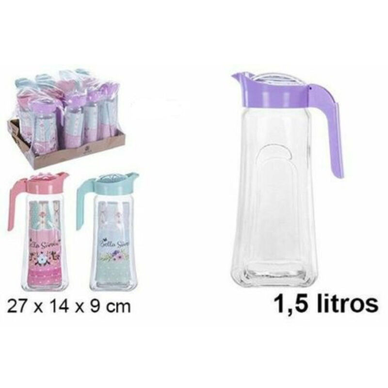 foto del prodotto trade shop traesio set 12 pezzi brocca brocche caraffa in vetro 1,5 lt coperchio colorato 
