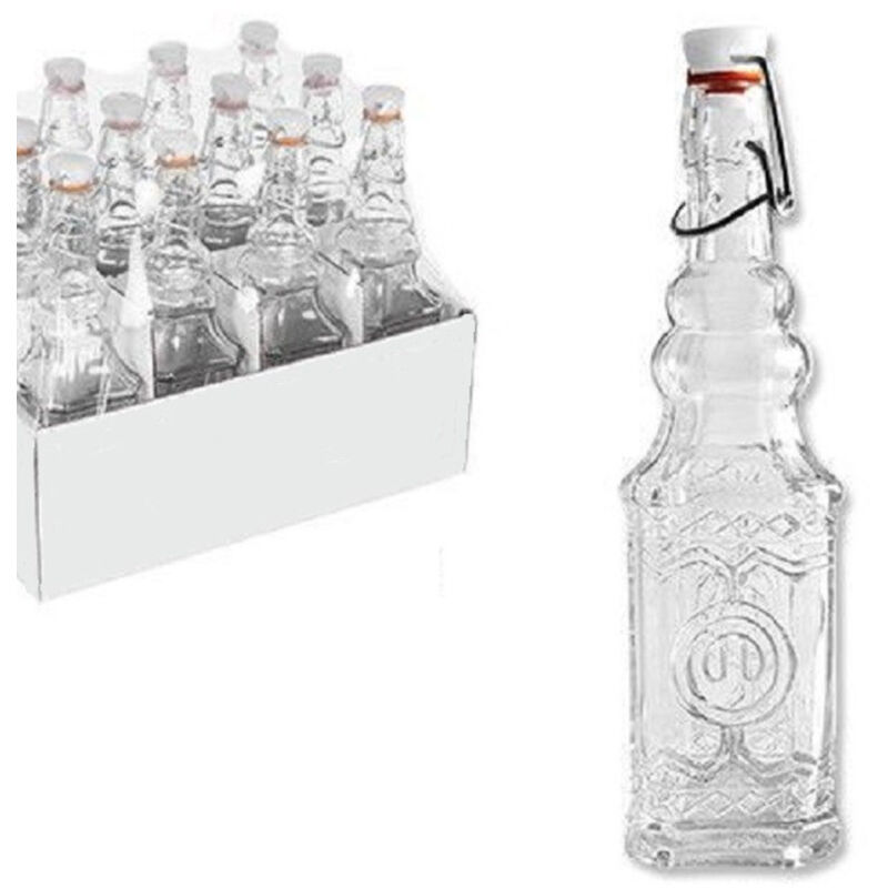 foto del prodotto trade shop traesio set 12 pz bottiglie in vetro quadrata decorata con tappo meccanico 150 ml 108008 
