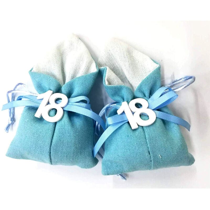foto del prodotto trade shop traesio set 12pz sacchetto azzurro numero 18 anni juta 10x13cm bomboniera portaconfetti 