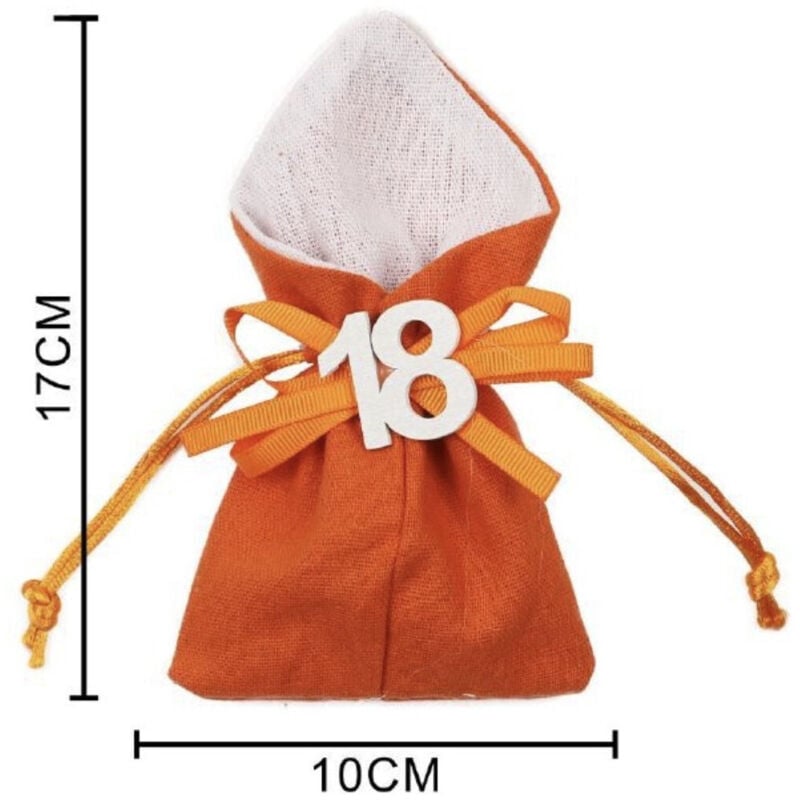 foto del prodotto trade shop - traesio - set 12pz sacchetto colorato numero 18 anni juta 10x13cm bomboniera portaconfetti - arancione