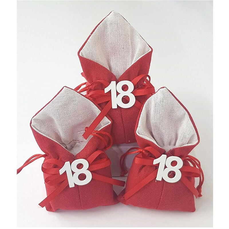 foto del prodotto trade shop traesio set 12pz sacchetto colorato numero 18 anni juta 10x13cm bomboniera portaconfetti rosso