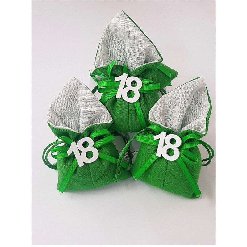 foto del prodotto trade shop traesio set 12pz sacchetto colorato numero 18 anni juta 10x13cm bomboniera portaconfetti verde