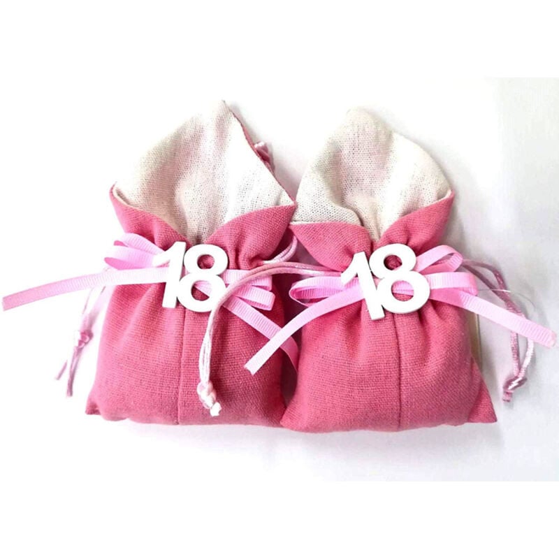 foto del prodotto trade shop traesio set 12pz sacchetto rosa numero 18 anni juta 10x13cm bomboniera portaconfetti 