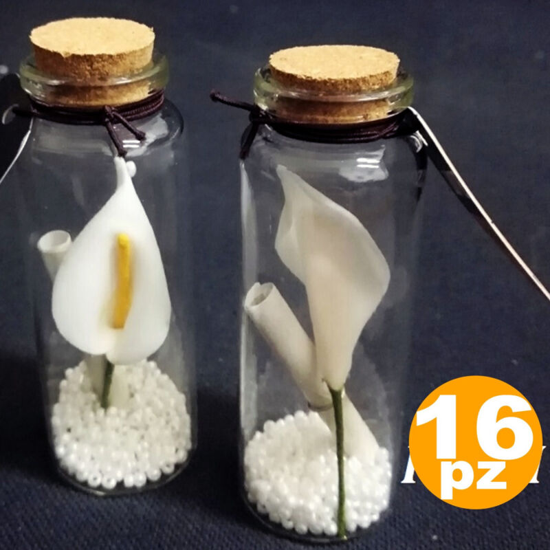 foto del prodotto trade shop traesio - set 16 bomboniere ampolla fiore corallini pergamena tappo sughero porta confetti -