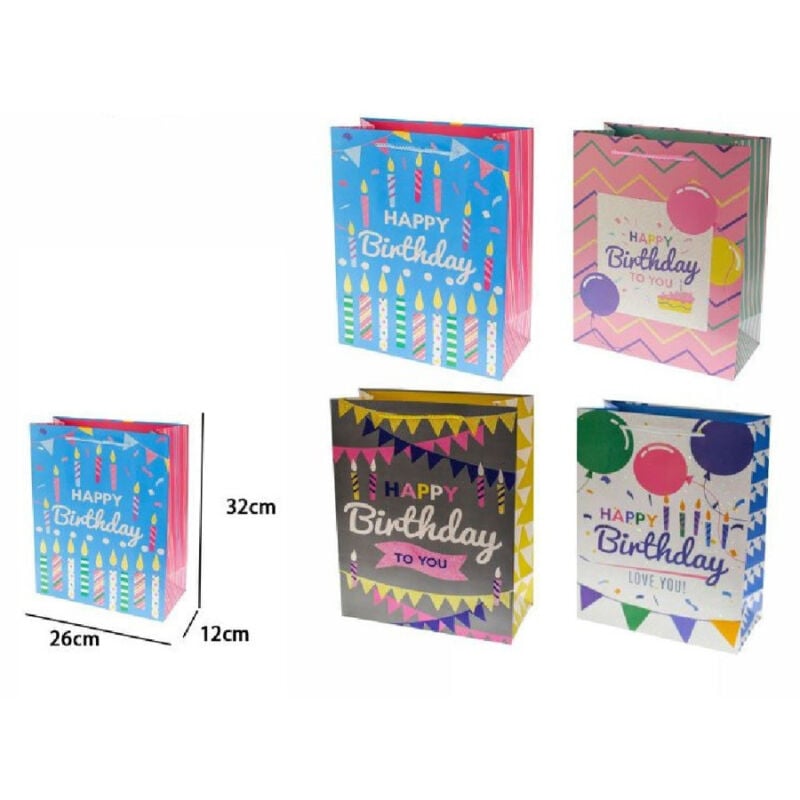 foto del prodotto trade shop traesio set 2 buste busta regalo happy birthday compleanno 32x26x12cm 69970 vari modelli 