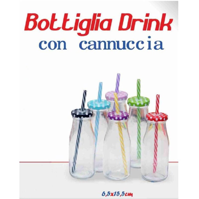 foto del prodotto trade shop traesio set 2 pezzi bottiglia con tappo colorato fantasia bambini cannuccia bibite drink 
