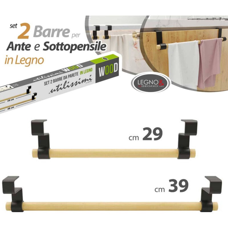 foto del prodotto trade shop traesio set 2 porta asciugamani strofinacci in legno per ante porte con aggancio rapido 