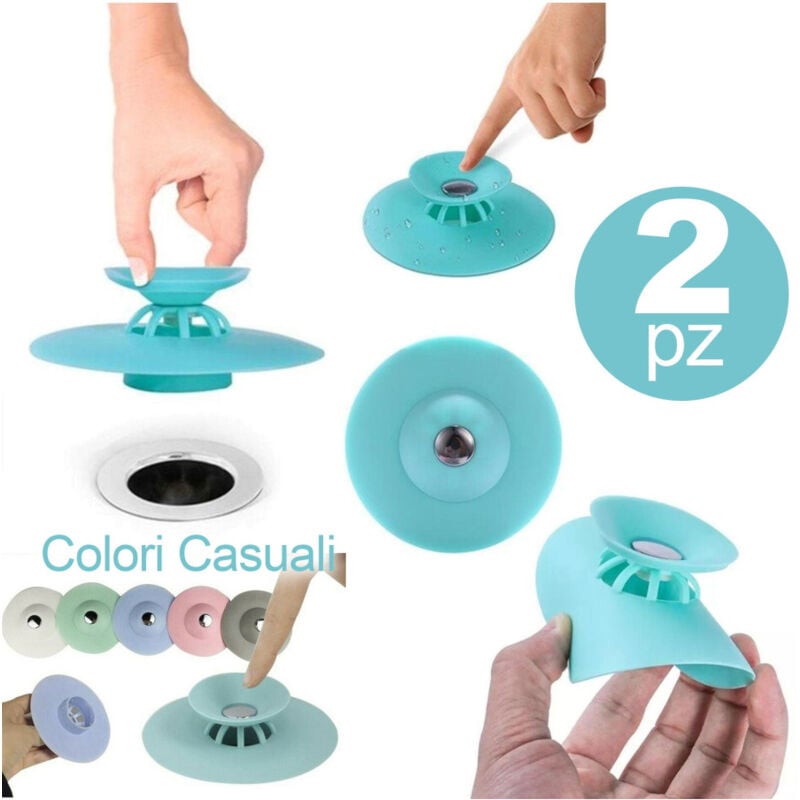foto del prodotto trade shop traesio set 2 tappo pop up in silicone 2in1 per lavello lavandino rete cattura capelli 