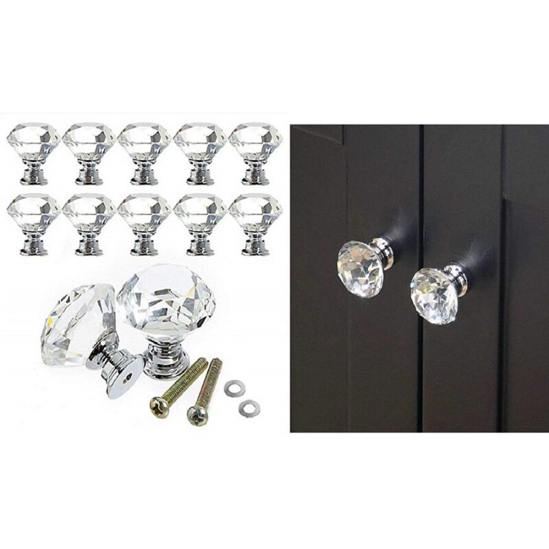foto del prodotto trade shop traesio set 2pz pomello cristallo argento 25x30mm maniglia plastica per mobili cassetto viti 