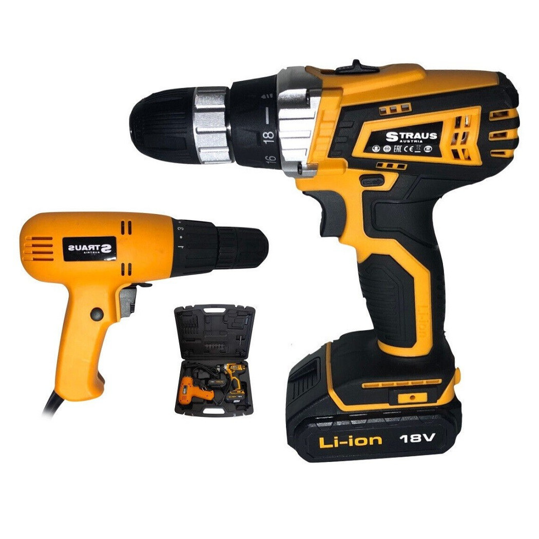 foto del prodotto trade shop traesio set 2pz trapano elettrico 710w avvitatore doppia batteria 18v accessori iw017 