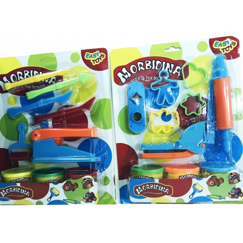 foto del prodotto trade shop traesio set 3 barattoli pasta plastilina strisce matterello rullo coltellino modellante 