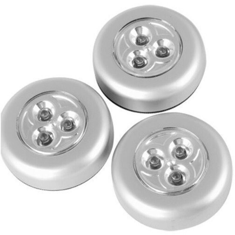 foto del prodotto trade shop - traesio - set 3 lampade a 3 led con adesivo per armadi0 cassetti diametro 68mm a batterie -