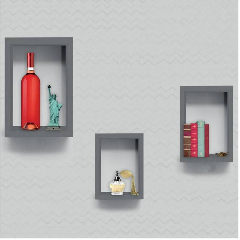 foto del prodotto trade shop traesio set 3 mensole da muro a parete design moderno cubo rettangolare in legno grigio 